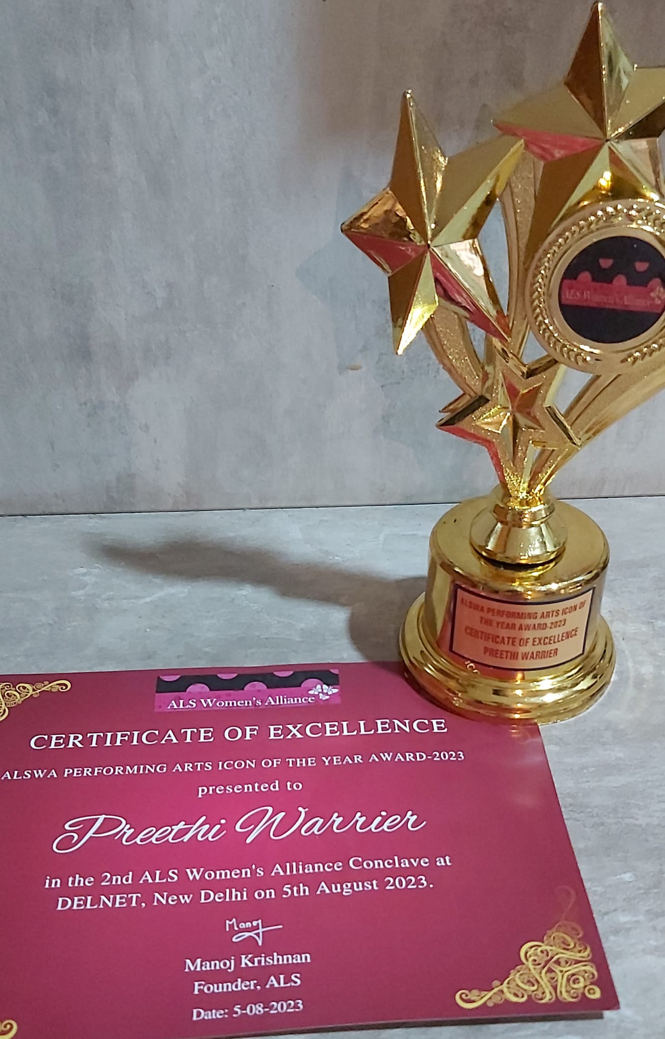 ALS Women’s Alliance- ALSWA Certificate of Excellence for ‘Performing Arts -2023’